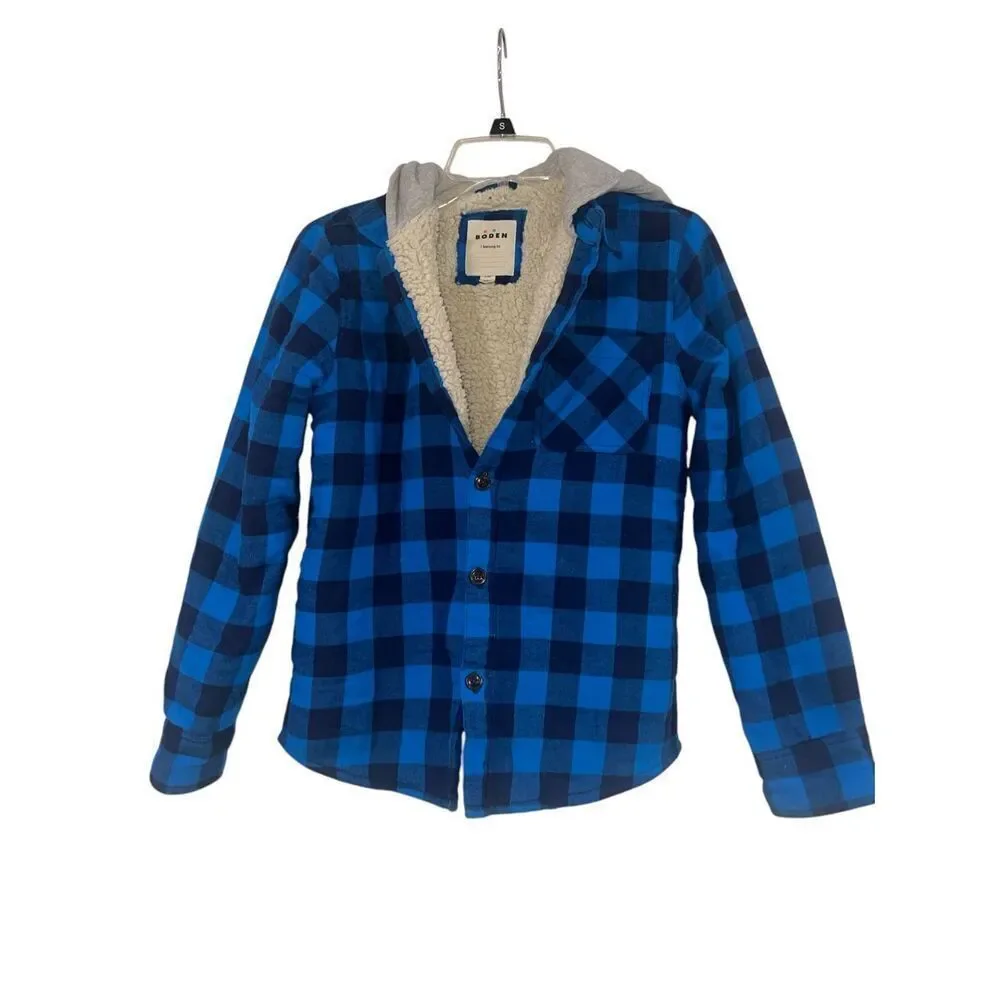 ✨MINI BODEN Hooded Check Fleece Lined Flannel Button-Up Sz 11-12Y Shirt In Blue✨
